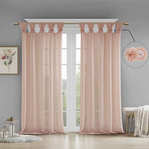 Madison Park Rosette Floral Embellished Cuff Tab Top Solid Single Window Treatments Curtain Panel Drape for Bedroom Living Room and Dorm, 50"x84", Blush