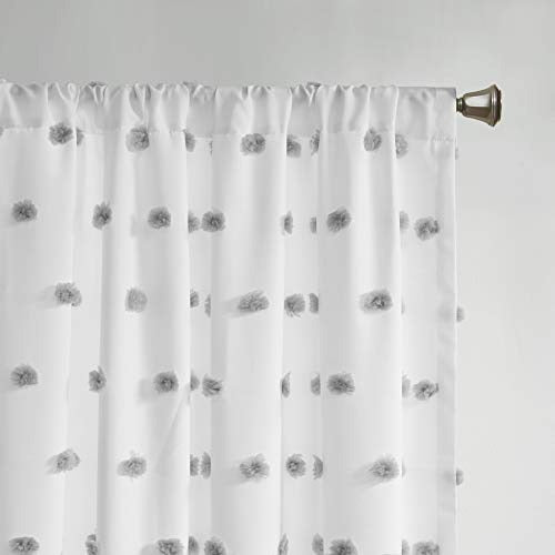 Intelligent Design Sophie Sheer Single Window Curtain Panel Clipped Pompom Embelished Privacy Drape with Rod Pocket for Bedroom, Livingroom, 50" x 63", Grey