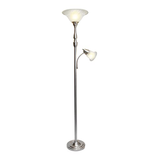 Torchiere Floor Lamp with Reading Light and Marble Glass Shades, Brushed Nickel