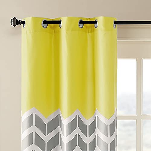 Intelligent Design Yellow in Grey Chevron Printed Curtains for Living Room or Bedroom, Modern Contemporary Grommet Room Darkening Curtains, 42x84, 2-panel pack