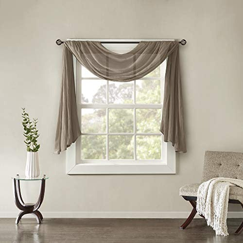 Madison Park Harper Sheer Bedroom, Modern Contemporary Window Curtain for Kitchen, Solid Fabric Panels, 42" x 216", Taupe