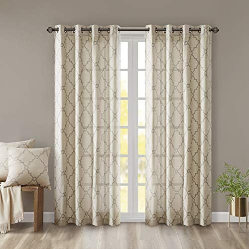 Madison Park Saratoga Single Window Curtain Light Filtering Fretwork Print 1 Panel Grommet Top Drape for Living Room Bedroom and Dorm, 50x63, Beige
