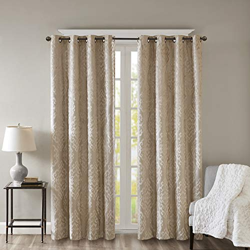 SunSmart Mirage 100% Total Blackout Single Window Curtain, Knitted Jacquard Damask Room Darkening Curtain Panel with Grommet Top, 50x84", Champagne