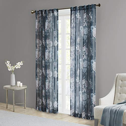 Madison Park Simone Floral Design Sheer Single Window Curtain Voile Privacy Drape for Bedroom, Livingroom, 50" x 95", Navy