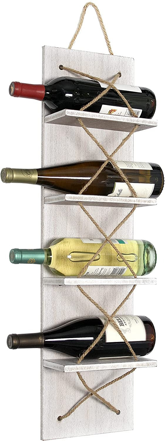 HomePlace Nautical Rope 4 Bottle Vertical Wall Mounted Wood Wine Rack, White Wash
