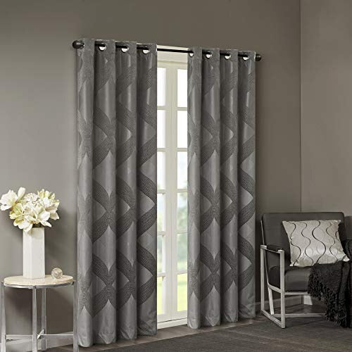 SUNSMART Bentley Total Blackout Curtains Window, Ogee Knitted Jacquard, Grommet Top Living Room Decor, Thermal Insulated Light Blocking Drape for Bedroom and Apartments, 50" x 84", Charcoal