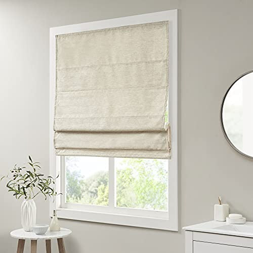 Madison Park Cordless Roman Shades - Fabric Privacy Panel Darkening, Energy Efficient, Thermal Insulated Window Blind Treatment, for Bedroom, Living Room Decor, 27x64, Como, Ivory