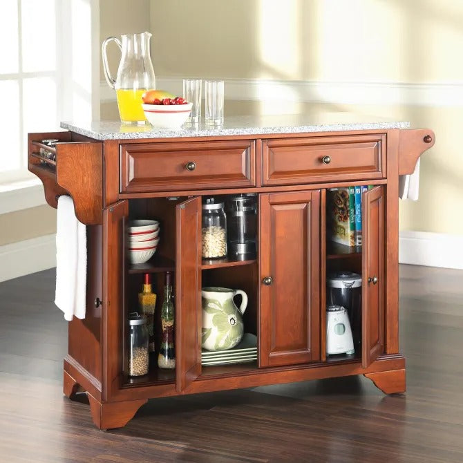 Crosley Furniture Lafayette Full Size Kitchen Island with Solid Gray Granite Top, Classic Cherry