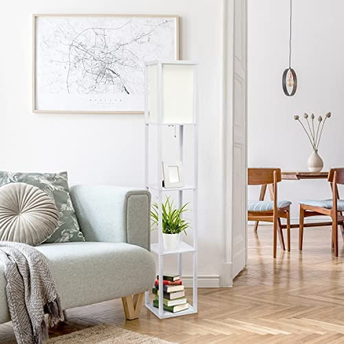 Lalia Home Column Shelf Floor Lamp with Linen Shade, White