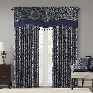 Madison Park Aubrey Paisley Jacquard Beaded Valance, Navy, 50 x 18 in