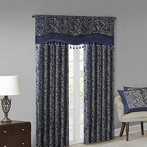 Madison Park Faux Silk Paisley Jacquard, Rod Pocket Curtain with Privacy Lining for Living Room, Kitchen, Bedroom and Dorm, 50 in x 18 in, Blue Bead Trim