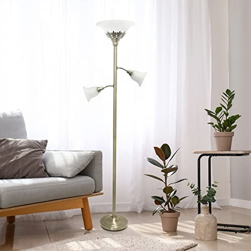 Lalia Home Torchiere Floor Lamp with 2 Reading Lights and Scalloped Glass Shades, Antique Brass