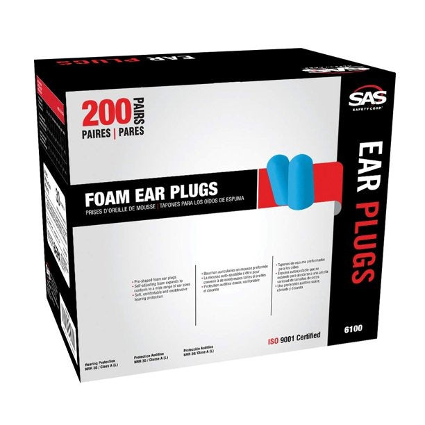 6100 Foam Ear Plugs, 200-Pair Pack, Pre-shaped foam ear plugs By SAS Safety