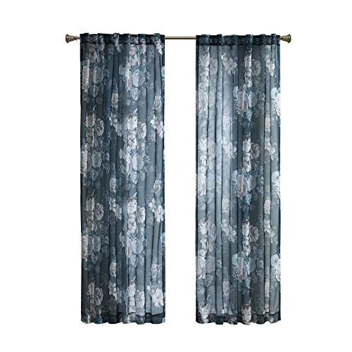 Madison Park Simone Floral Design Sheer Single Window Curtain Voile Privacy Drape for Bedroom, Livingroom, 50" x 95", Navy