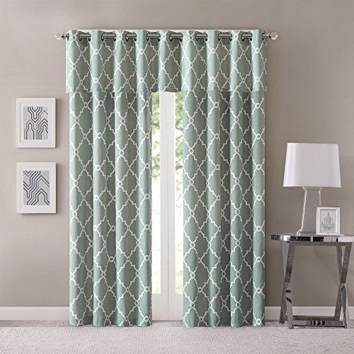 Madison Park Saratoga Light Filtering Fretwork Print Grommet Top Window Valance Swags for Living Room Bedroom and Kitchen, 50x18", Seafoam Blue