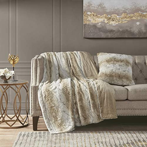Madison Park Zuri Faux Fur Ombre Stripe Ultra Soft Luxury Decorative Throw Pillows For Couch Bed With Insert, 20x20, Sand