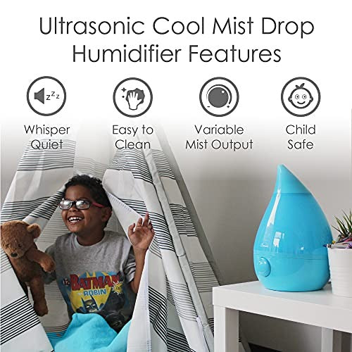 Crane Drop Ultrasonic Cool Mist Humidifier, Filter Free, 1 Gallon, 500 Sq Ft Coverage, Air Humidifier for Plants Home Bedroom Baby Nursery and Office, Aqua