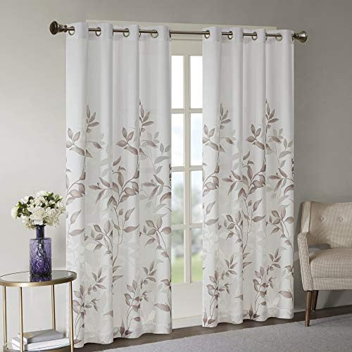 Madison Park Botanical Sheer Curtains for Bedroom, Modern Contemporary Linen Grommet Living Room, Nature Summer Fashion Panel, 50x84, Leaves Grey