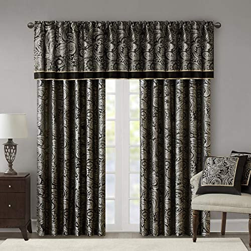 Aubrey Jacquard Rod Pocket Valance , Classic Elegant Silk Paisley Valances for Windows , 50X18" , Black