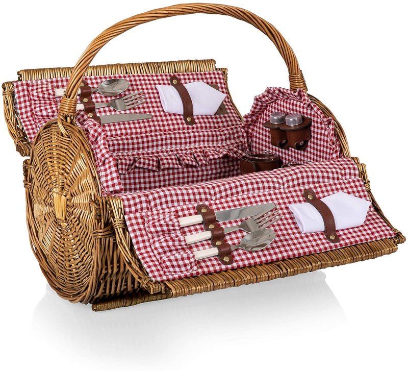 PICNIC TIME Barrel Wicker Picnic Basket for 2 - Picnic Set - Red-White Gingham, 18.5" x 17" x 12"