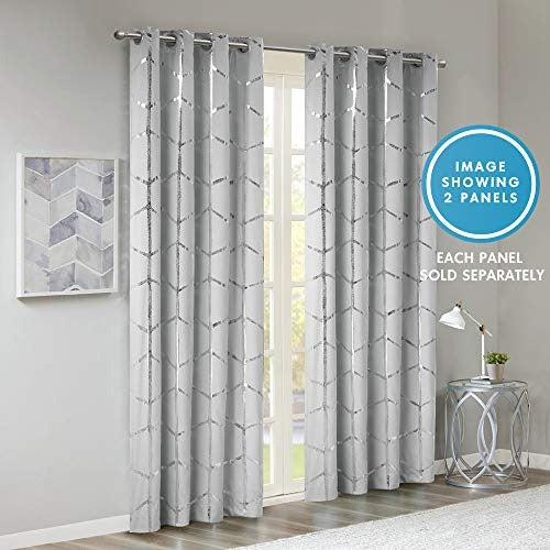 Intelligent Design Raina Total Blackout Metallic Print Grommet Top Single Window Curtain Panel Thermal Insulated Light Blocking Drape for Bedroom Living Room and Dorm 1 Piece, 50x84, Grey/Silver