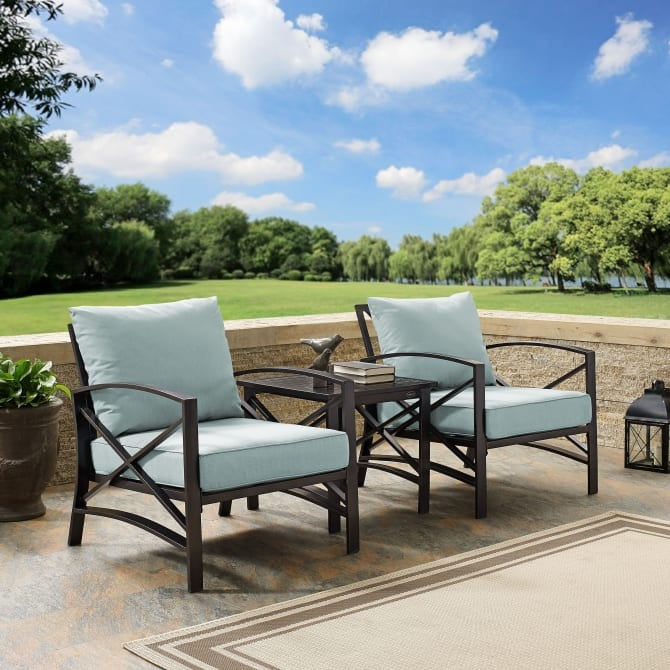 Crosley Furniture Kaplan 3-Piece Outdoor Chat Set in Mist and Oil Rubbed Bronze Color