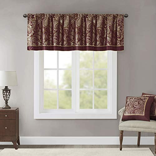 Madison Park Aubrey Faux Silk Paisley Jacquard, Rod Pocket Curtain with Privacy Lining for Living Room, Kitchen, Bedroom and Dorm, 50 in x 18 in, Burgundy