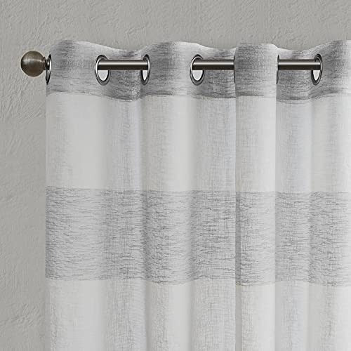 White Grey Grommet Curtain for Living Room , Mason Striped Single Window Curtain for Bedroom Family Room, Polyester Semi-Opaque Living Room Curtain , 50X95