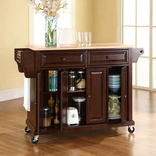 KF30001EMA Full Size Kitchen Cart with Natural Wood Top, Vintage Mahogany