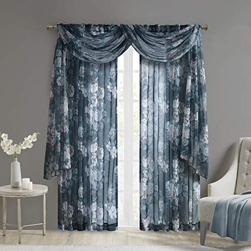 Madison Park Simone Floral Design Sheer Window Curtain Voile Privacy Drape for Bedroom, Livingroom, 42" x 216", Navy