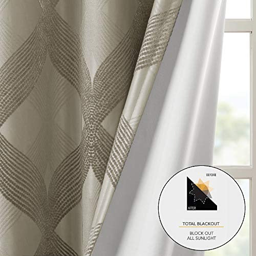 SUNSMART Bentley Total Blackout Curtains Window, Ogee Knitted Jacquard, Grommet Top Living Room Decor, Thermal Insulated Light Blocking Drape for Bedroom and Apartments, 50" x 84", Taupe