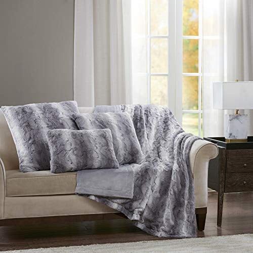 Madison Park Zuri Faux Fur Ombre Stripe Ultra Soft Luxury Decorative Throw Pillows For Couch Bed With Insert, 14x20, Grey
