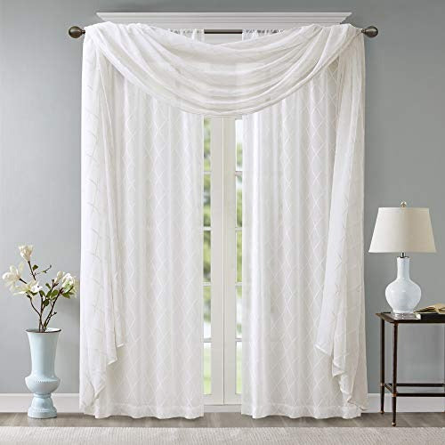 Madison Park Irina Sheer Embroidered Curtains Scarf for Kitchen, Transitional Fabric Extra Long Sheers Curtain for Living Room, 1-Panel Pack, 50 x 216, White