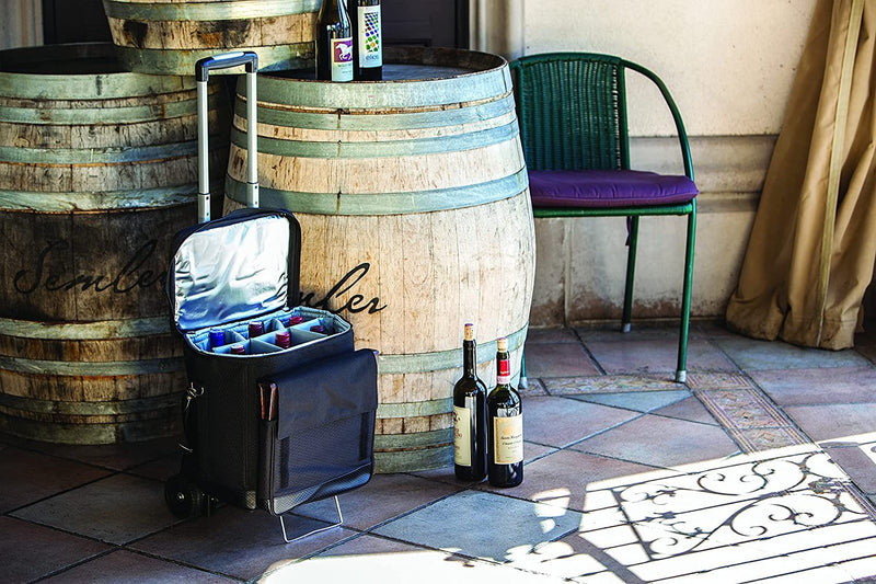 LEGACY - a Picnic Time Brand Cellar Insulated Six Bottle Wine Tote with Trolley Black ,18 x 12 x 10
