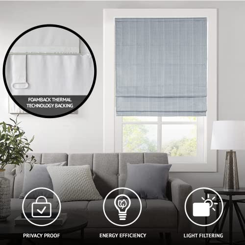 Madison Park Galen Cordless Roman Shades - Fabric Privacy Panel Darkening, Energy Efficient, Thermal Insulated Window Blind Treatment, for Bedroom, Living Room Decor, 27" x 64", Blue
