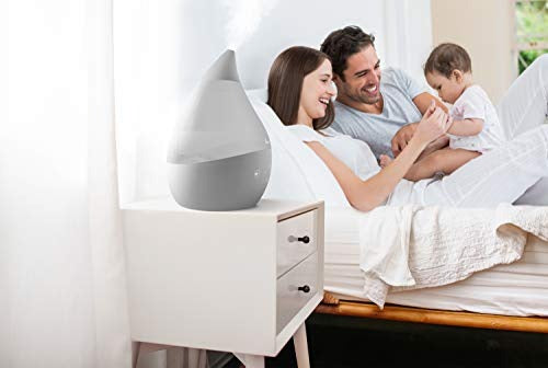 Crane 4-in-1 Drop Ultrasonic Cool Mist Humidifier, 1 Gallon, Top Fill Humidifier, 24 Hour Run Time, with Optional Sound Machine and Color Changing Nightlight, Grey