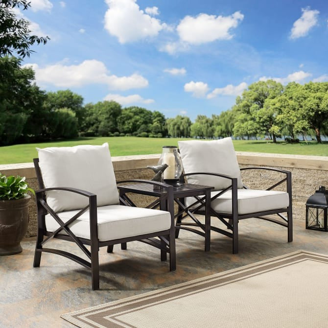 Crosley Furniture Kaplan 3-Piece Outdoor Chat Set in Oatmeal and Oil Rubbed Bronze Color