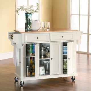 Full Size Kitchen Cart with Natural Wood Top, White