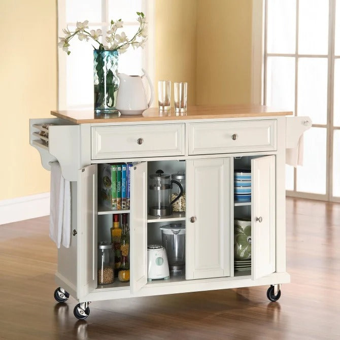 Crosley Furniture Full Size Kitchen Cart with Natural Wood Top, White