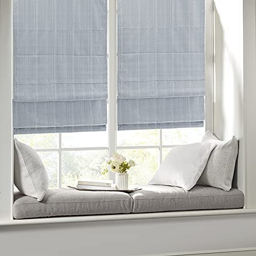 Madison Park Galen Cordless Roman Shades - Fabric Privacy Panel Darkening, Energy Efficient, Thermal Insulated Window Blind Treatment, for Bedroom, Living Room Decor, 33" x 64", Blue