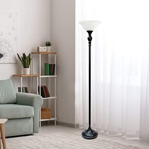 Lalia Home Classic 1 Light Torchiere Floor Lamp with Marbleized Glass Shade, Restoration Bronze and White