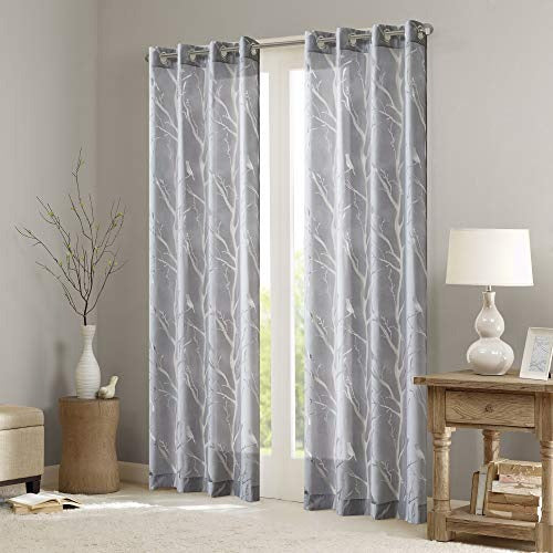 Madison Park Semi Sheer Curtain Modern Contemporary Botanical Print Out Design, Grommet Top, Single Window Drape for Living Room, Bedroom and Dorm, 50x63, Bird Grey