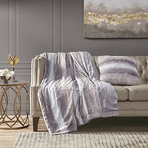 Madison Park Zuri Faux Fur Ombre Stripe Ultra Soft Luxury Decorative Throw Pillows for Couch Bed with Insert, 20x20, Blush/Grey