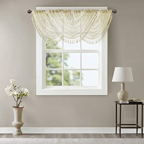 Madison Park Irina Sheer Embroidered Curtains Valance for Kitchen, Transitional Fabric Curtain-Valance for Living Room, 1-Panel Pack, 38 x 46, Ivory