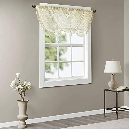 Madison Park Irina Sheer Embroidered Curtains Valance for Kitchen, Transitional Fabric Curtain-Valance for Living Room, 1-Panel Pack, 38 x 46, Ivory