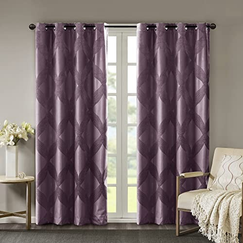 SUNSMART Bentley Total Blackout Curtains Window, Ogee Knitted Jacquard, Grommet Top Living Room Decor, Thermal Insulated Light Blocking Drape for Bedroom and Apartments, 50" x 108", Plum