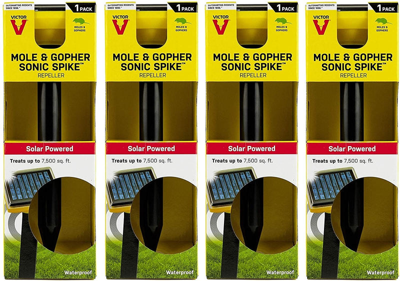 Victor 4 Pack of M9014 Mole & Gopher Sonic Spike Repellers, Treats Up to 7500 Square Feet Each, Solar Powered
