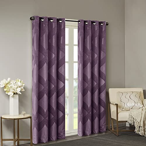 SUNSMART Bentley Total Blackout Curtains Window, Ogee Knitted Jacquard, Grommet Top Living Room Decor, Thermal Insulated Light Blocking Drape for Bedroom and Apartments, 50" x 95", Plum