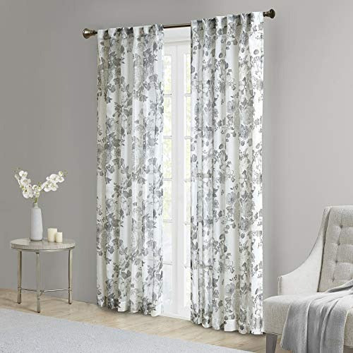 Madison Park Simone Floral Design Sheer Single Window Curtain Voile Privacy Drape for Bedroom, Livingroom, 50" x 84", White