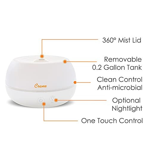 Crane Personal Ultrasonic Cool Mist Humidifier and Aroma Therapy Diffuser, for Home Bedroom Hotels Travel and Office, 0.2 Gallon, Filter Free, White